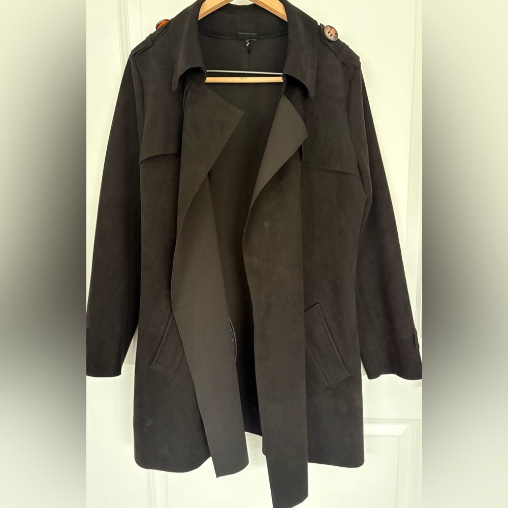 Love Token Faux Suede Wrap Trench Coat, Black